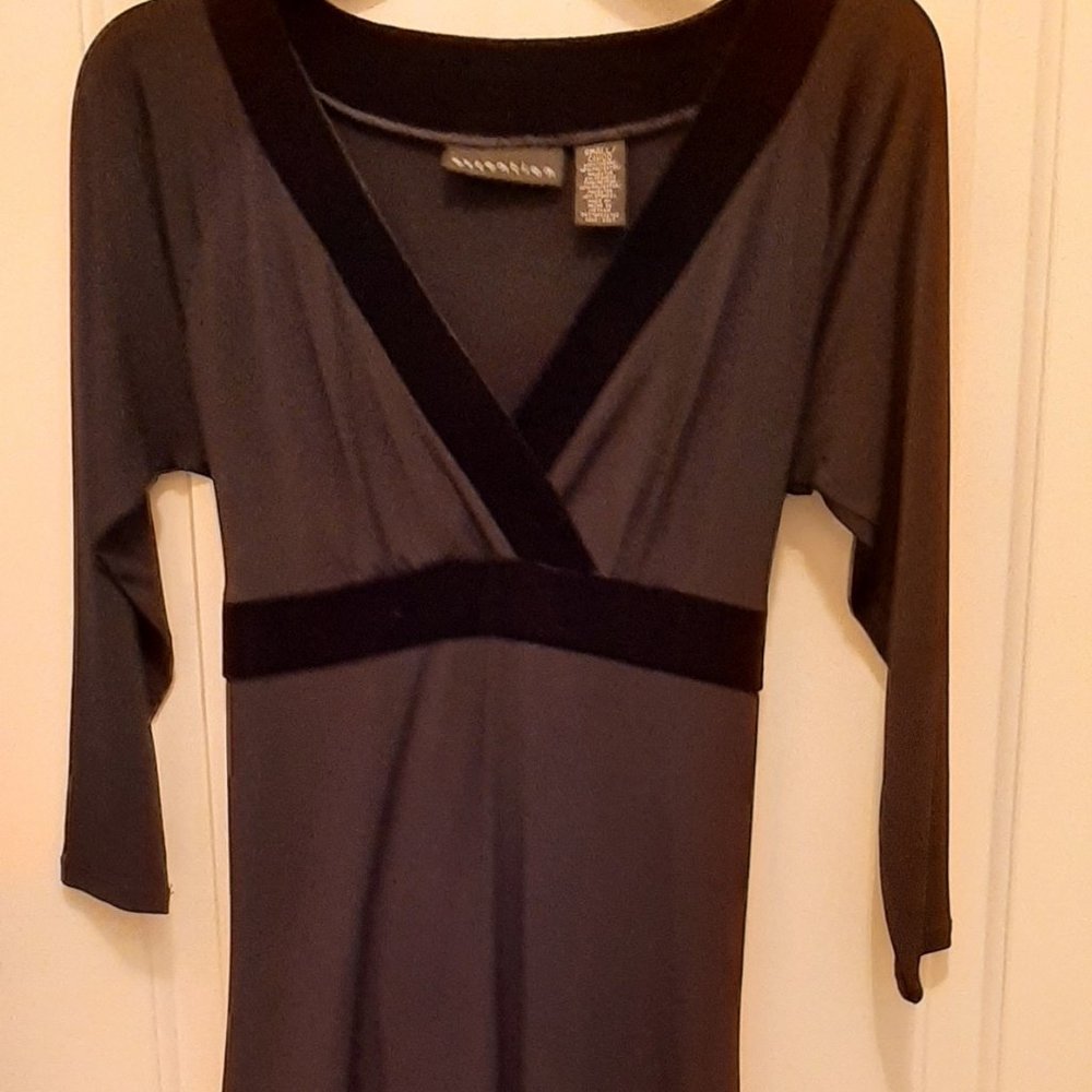 Attention brand Black Polyester, Velour trim Fit n Flare Midi Dress, Woman Sz S